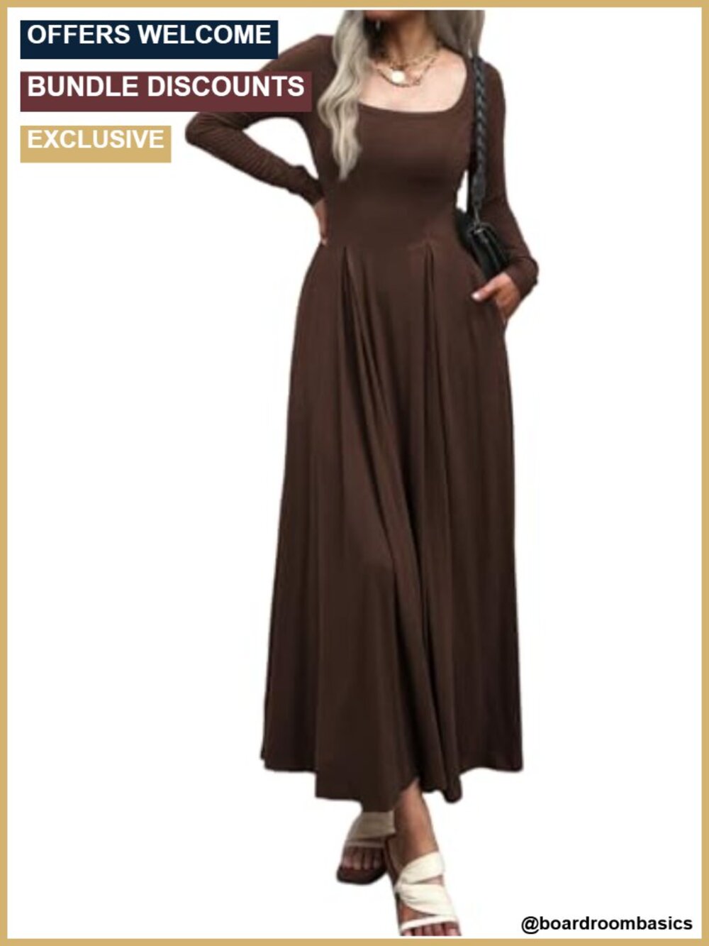 Women Long Sleeve Square Neck Maxi Pleated Fall Dress with Pockets